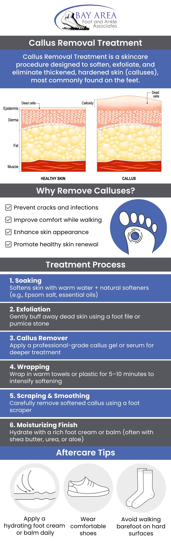 At Bay Area Foot and Ankle Associates, we specialize in treating foot calluses to restore comfort and healthy skin. Our experienced podiatrists, Dr. John W. Scivally, DPM, and Dr. Robin K. Lie, DPM, provide personalized care to safely remove thickened skin caused by irritation, pressure, or friction. We offer customized solutions such as orthotics or footwear adjustments to prevent recurrence. If you're experiencing discomfort from foot calluses, contact us today or schedule an appointment and take the first step toward healthier feet. We have convenient locations to serve you in Walnut Creek, CA and Brentwood, CA.
