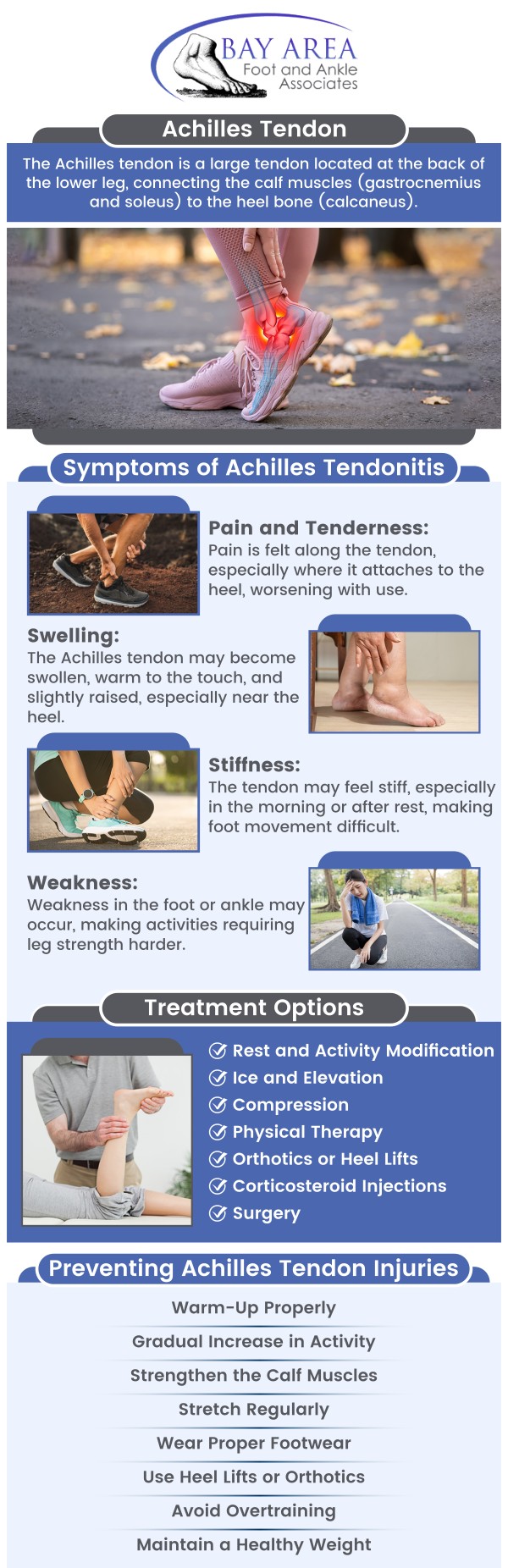 Want to get rid of stiffness and pain at the back of your ankle? Achilles tendonitis is an overuse injury that causes inflammation of the Achilles tendon, connecting the calf muscles to the heel bone. It is often triggered by repetitive stress, improper footwear, or sudden increases in activity, particularly in running. Symptoms include pain, swelling, and stiffness along the tendon, especially after physical activity. Visit Dr. John W. Scivally, DPM, and Dr. Robin K. Lie, DPM at Bay Area Foot and Ankle Associates to get treated for achilles tendonitis. For more information, contact us or schedule an appointment online. We have convenient locations to serve you in Walnut Creek CA, and Brentwood CA.