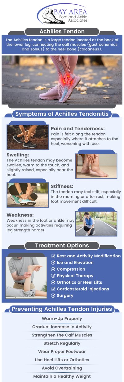 Want to get rid of stiffness and pain at the back of your ankle? Achilles tendonitis is an overuse injury that causes inflammation of the Achilles tendon, connecting the calf muscles to the heel bone. It is often triggered by repetitive stress, improper footwear, or sudden increases in activity, particularly in running. Symptoms include pain, swelling, and stiffness along the tendon, especially after physical activity. Visit Dr. John W. Scivally, DPM, and Dr. Robin K. Lie, DPM at Bay Area Foot and Ankle Associates to get treated for achilles tendonitis. For more information, contact us or schedule an appointment online. We have convenient locations to serve you in Walnut Creek CA, and Brentwood CA.