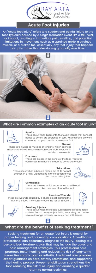 If you're dealing with an acute foot injury, finding prompt and expert care near you is essential for a quick recovery. Seek professional evaluation with our caring team to prevent complications and ensure proper healing. For more information, contact us or schedule an appointment online! We have convenient locations to serve you in Walnut Creek and Brentwood, CA.