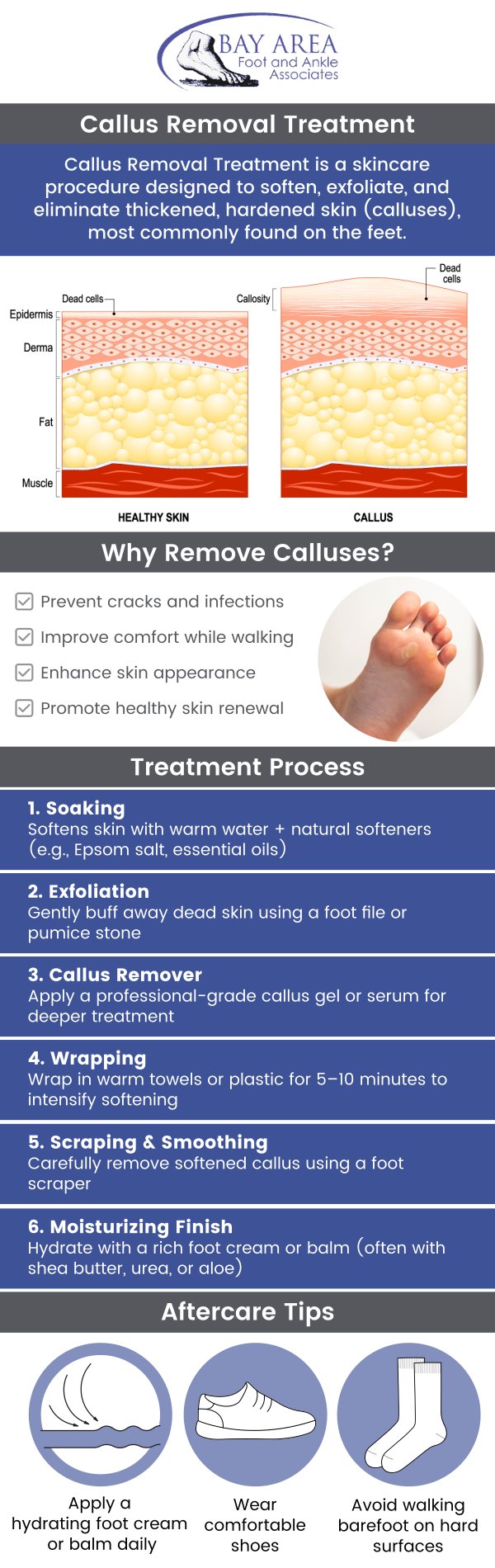 At Bay Area Foot and Ankle Associates, we specialize in treating foot calluses to restore comfort and healthy skin. Our experienced podiatrists, Dr. John W. Scivally, DPM, and Dr. Robin K. Lie, DPM, provide personalized care to safely remove thickened skin caused by irritation, pressure, or friction. We offer customized solutions such as orthotics or footwear adjustments to prevent recurrence. If you're experiencing discomfort from foot calluses, contact us today or schedule an appointment and take the first step toward healthier feet. We have convenient locations to serve you in Walnut Creek, CA and Brentwood, CA.