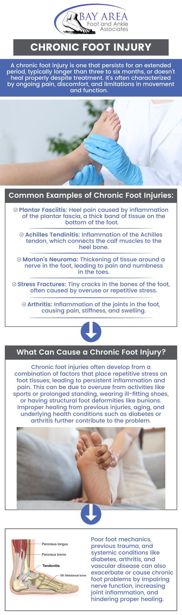 Chronic Injuries to the foot and ankle can cause mental and physical distress. Chronic foot injuries, such as stress fractures, tendinitis, or plantar fasciitis, require specialized treatment to manage pain and promote healing. Visit Bay Area Foot and Ankle Associates, Dr. John W. Scivally, DPM and Dr. Robin K. Lie, DPM provide treatment for chronic Injuries near you in California. For more information, contact us or schedule an appointment online. We have convenient locations in Walnut Creek CA, and Brentwood CA.