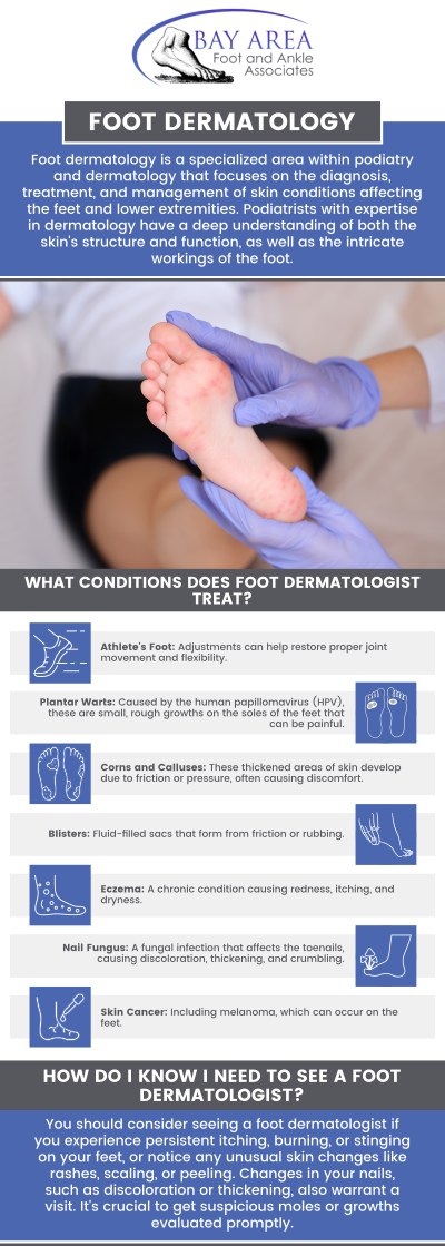 Foot dermatology is concerned with detecting and treating skin problems of the feet, such as fungal infections, warts, eczema, and psoriasis. This specialised care addresses conditions that may cause discomfort, agony, or infection. By seeking foot dermatology services, patients benefit from targeted treatments that promote healthy skin, prevent complications, and improve overall foot comfort. Visit Dr. John W. Scivally, DPM, and Dr. Robin K. Lie, DPM, at Bay Area Foot and Ankle Associates today for dermatological conditions. For more information, contact us or schedule an appointment online. We have convenient locations to serve you in Walnut Creek, and Brentwood, CA.