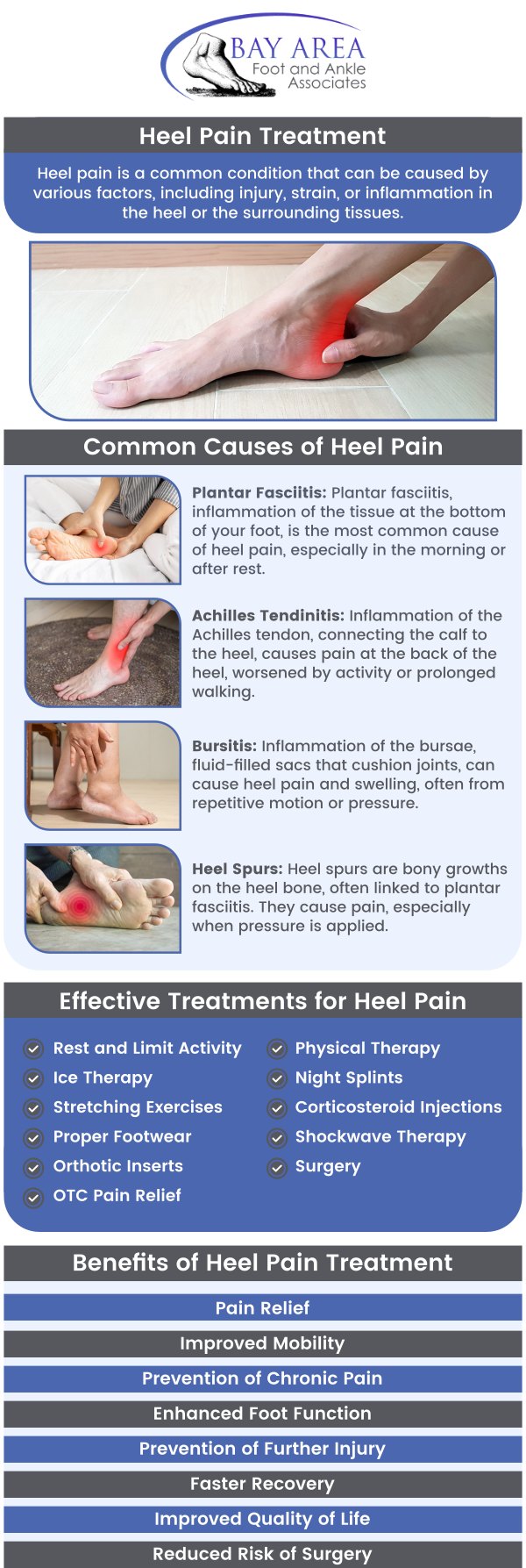 Suffering from Heel Pain? Heel pain is commonly caused by conditions such as plantar fascitis, heel spurs, or tendonitis, often due to overuse, poor footwear, or sudden weight gain. Professional help is essential for an accurate diagnosis and tailored treatment plan to alleviate pain, aid in healing, and prevent recurrence. Visit Dr. John W. Scivally, DPM, and Dr. Robin K. Lie, DPM, at Bay Area Foot and Ankle Associates. For more information, contact us or schedule an appointment online. We have convenient locations to serve you in Walnut Creek, CA, and Brentwood, CA.