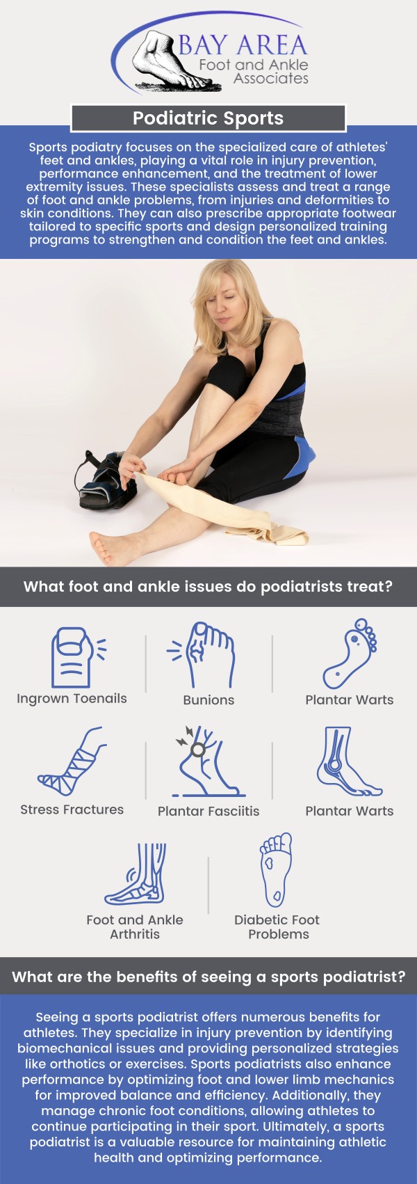 Foot and Ankle injuries can disturb your sports life. Sprains, strains, fractures, and dislocations are among the common injuries that happen during physical activity and are referred to as sports injuries. They can influence bones, muscles, ligaments, or tendons and are frequently brought on by overuse, poor form, or abrupt trauma. Our podiatrists Dr. John W. Scivally, DPM, and Dr. Robin K. Lie, DPM, at Bay Area Foot and Ankle Associates offer medical treatment for patients having sports injuries. For more information, contact us or schedule an appointment online. We are conveniently located at 2400 Balfour Rd STE 230, Brentwood, CA 9451.