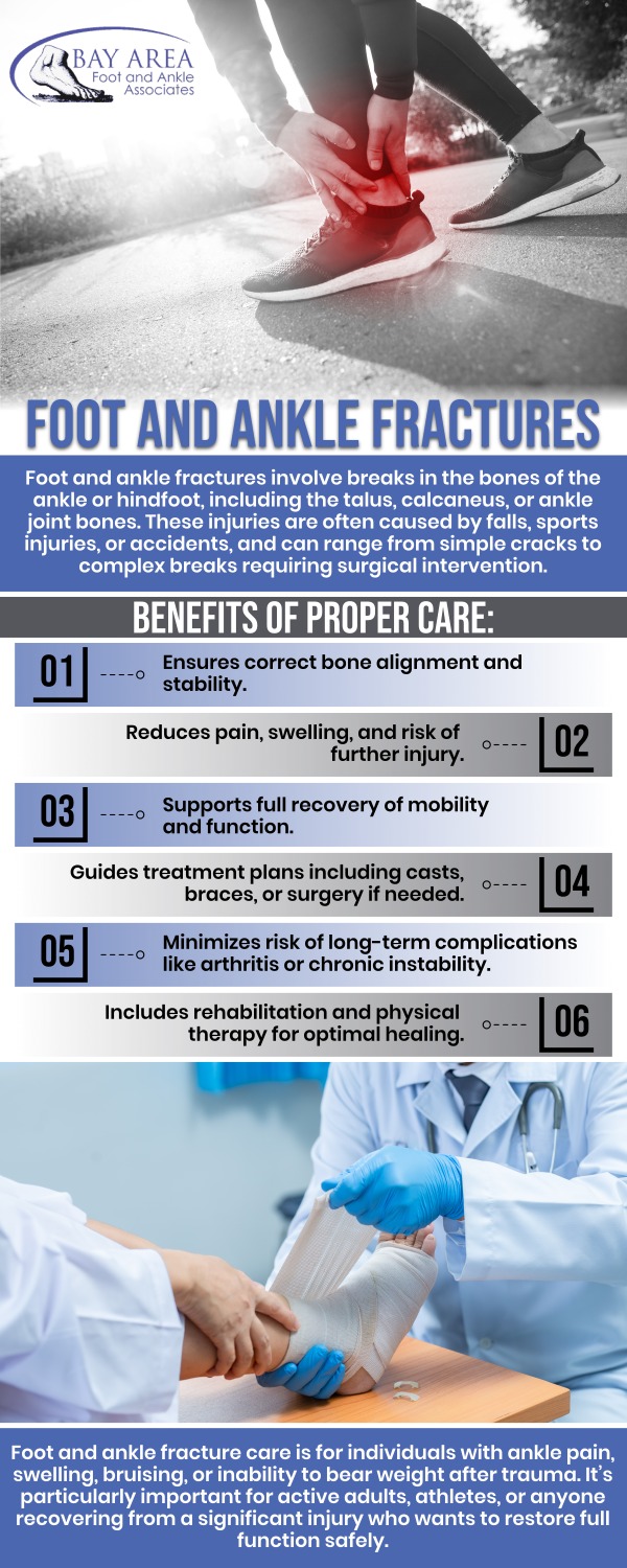 Foot and ankle fractures can result from trauma, such as falls, sports injuries, or accidents, as well as from overuse and repetitive stress. Common symptoms include severe pain, swelling, bruising, difficulty walking, and occasionally a visible deformity. Our healthcare provider will recommend appropriate treatment based on the severity of the fracture to restore full function and prevent long-term complications. For more information, contact us or book an appointment online. We are conveniently located at 2227 Olympic Blvd, Walnut Creek, CA 94595.
