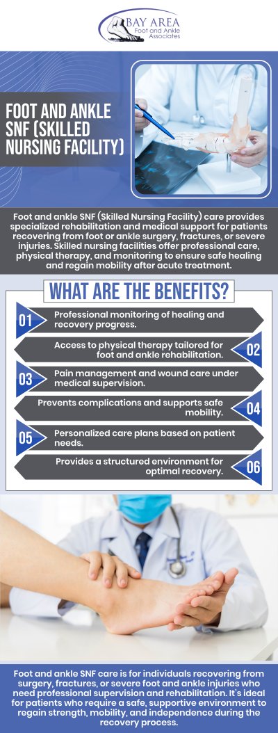 Foot and ankle SNF (Skilled Nursing Facility) services offer specialized treatment for patients suffering from foot and lower limb diseases such as traumas, infections, and chronic illnesses like diabetes. These services prioritise rehabilitation, pain management, wound care, and mobility improvement to aid with recovery. With focused treatments in a nurturing environment, foot and ankle SNF services help patients regain independence, prevent further complications, and promote better foot health and function. To meet long-term healthcare needs for our patients, Dr. John W. Scivally, DPM, and Dr. Robin K. Lie, DPM, at Bay Area Foot and Ankle Associates offer SNF consultations. For more information, contact us today or book an appointment online. We are conveniently located at 2227 Olympic Blvd, Walnut Creek, CA 94595.