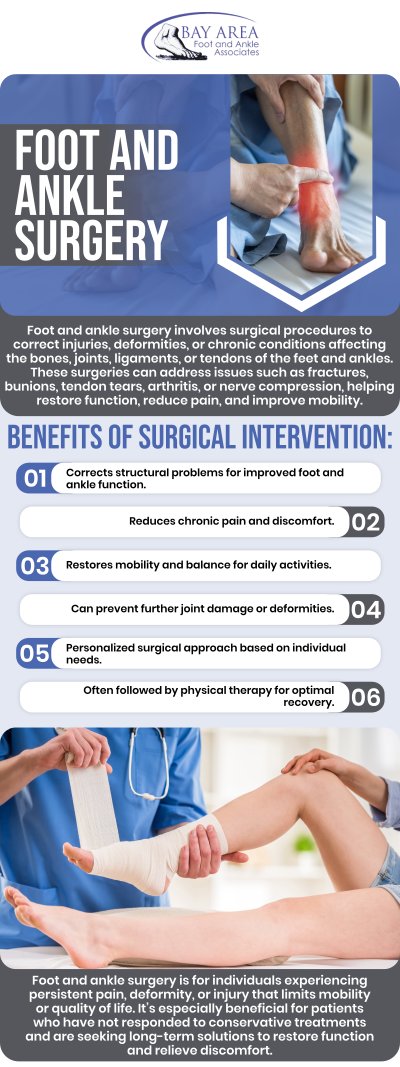 Surgery is often recommended for chronic pain, fractures, tendon injuries, arthritis, or deformities that affect mobility. Dr. John W. Scivally, DPM and Dr. Robin K. Lie, DPM recommend surgery based on an assessment of the condition's severity and aim to restore function, relieve pain, and prevent complications. Surgical options are tailored to each patient's needs for better long-term foot and ankle health. For more information, contact us or schedule an appointment online. We are conveniently located at 2227 Olympic Blvd, Walnut Creek, CA 94595.