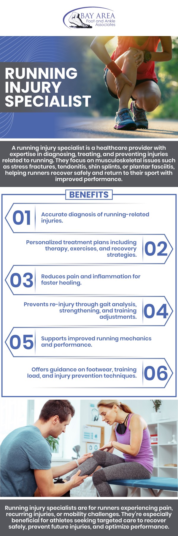 Running injuries are common and typically arise from overuse, improper form, or inadequate footwear. They can include conditions like shin splints, runner's knee, Achilles tendinitis, and stress fractures. These injuries often lead to pain, swelling, and limited mobility, impacting an athlete's performance. Visit our professionals to prevent future injuries and ensure a safe return to activity. For more information, contact us or schedule an appointment online. We have convenient locations to serve you in Walnut Creek, CA, and Brentwood, CA.
